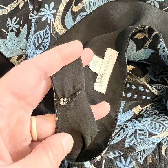 100% Silk Floral Midi Dress Black Blue Sheer Overlay Size 4 - Picture 13 of 13